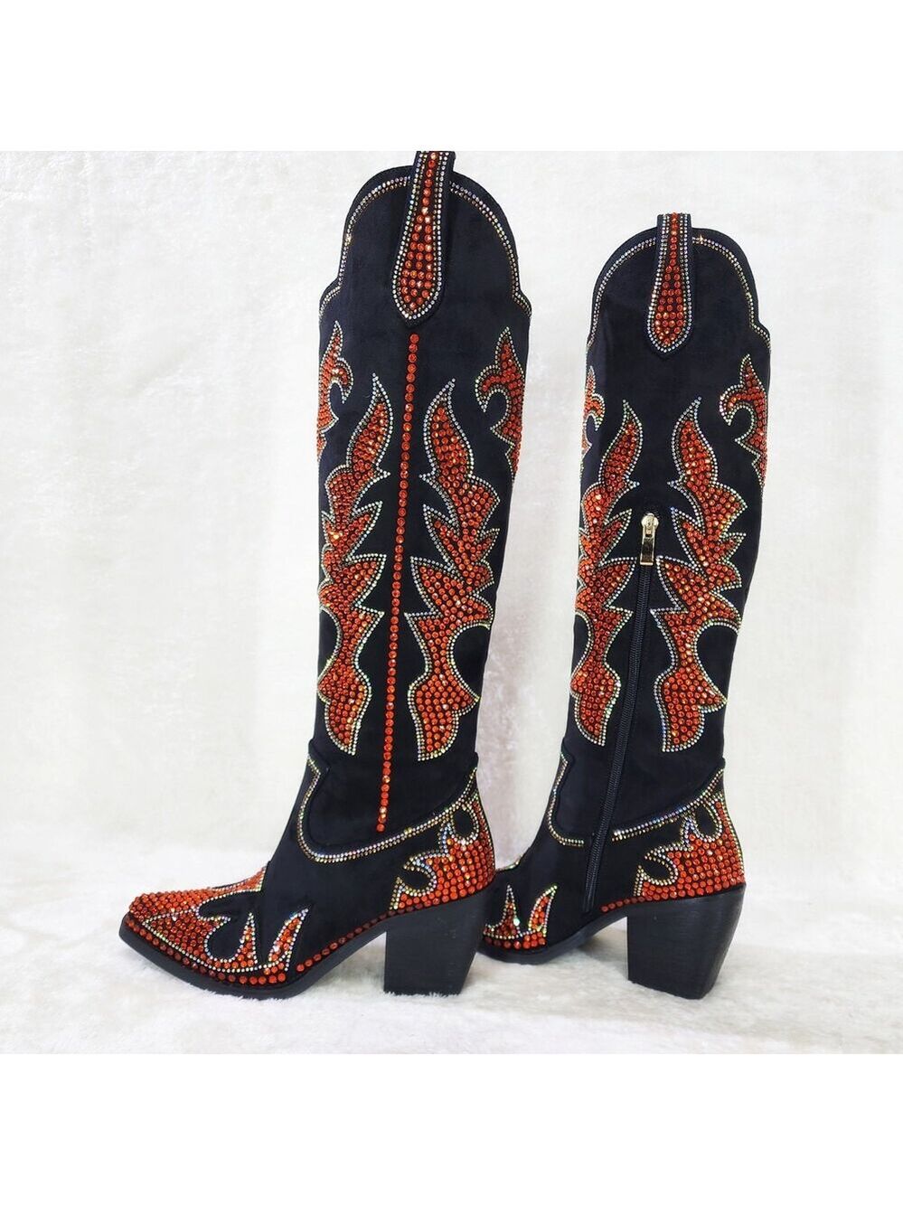 NIB Harley Girl Country Western Cowgirl Knee Boots Rhinestones Black Orange - Picture 12 of 16